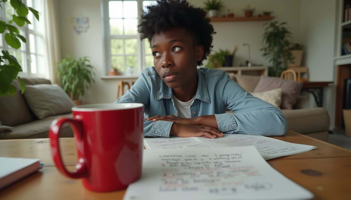 A person is thoughtfully relaxed in a casual, lived-in living room with simple decor and houseplants.