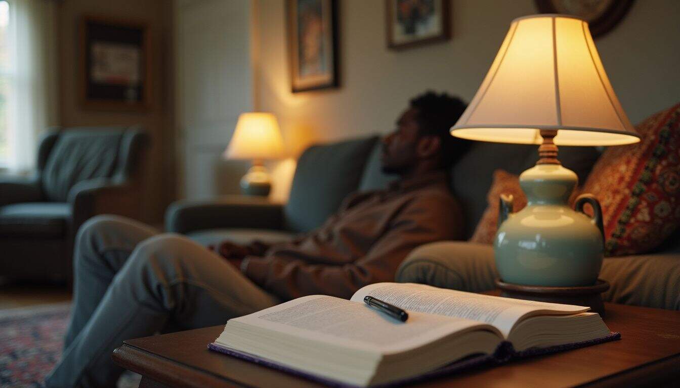 A cozy living room features worn furniture, a side table with a glowing lamp, and an open journal waiting for thoughts.