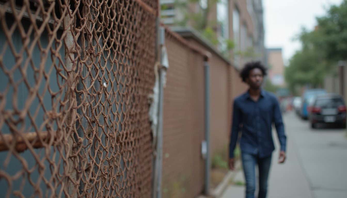 A casual snapshot of a weathered chain-link fence in a cluttered urban alley with a person passing by.