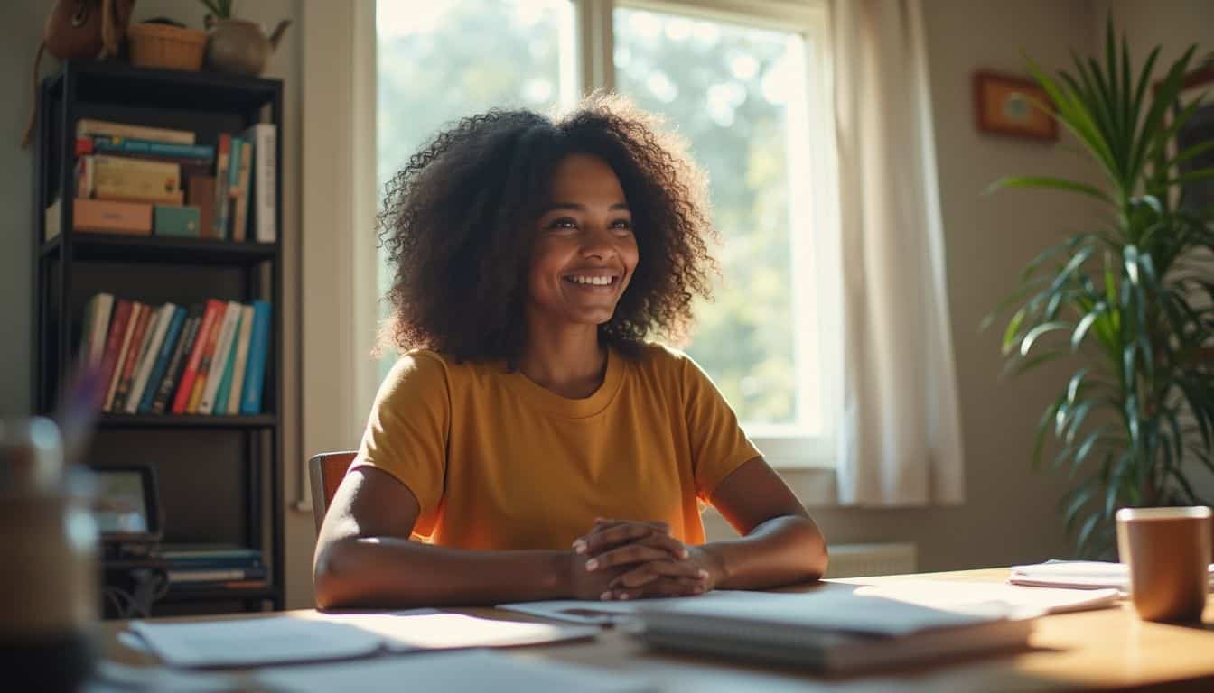 A woman in a casual outfit takes a moment to breathe at her cluttered home office desk before a video call.