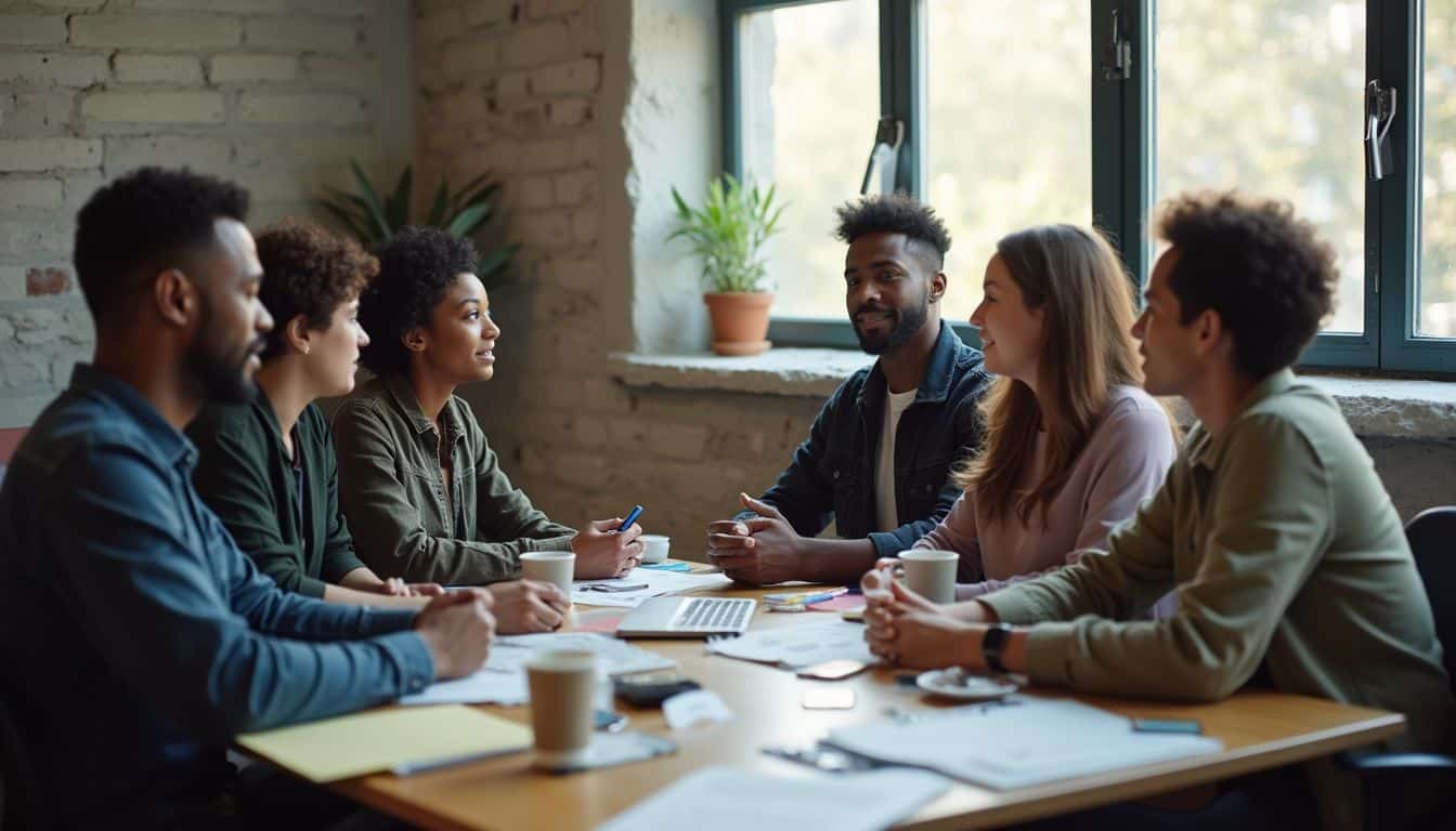 A relaxed group of coworkers engages in casual conversation around a cluttered office table during a typical workday.