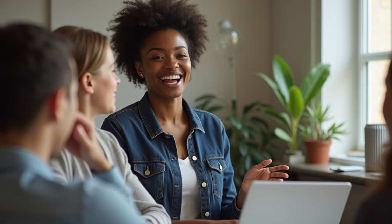 A woman in her 30s is engaged in a casual conversation during a relaxed team meeting in a cluttered office.