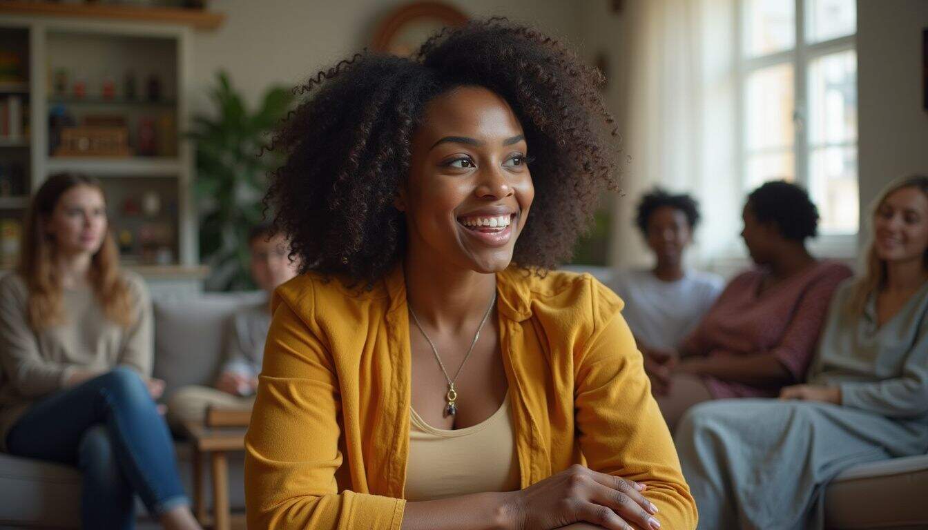A woman in her thirties enjoys a candid conversation during a family gathering in a cozy living room.