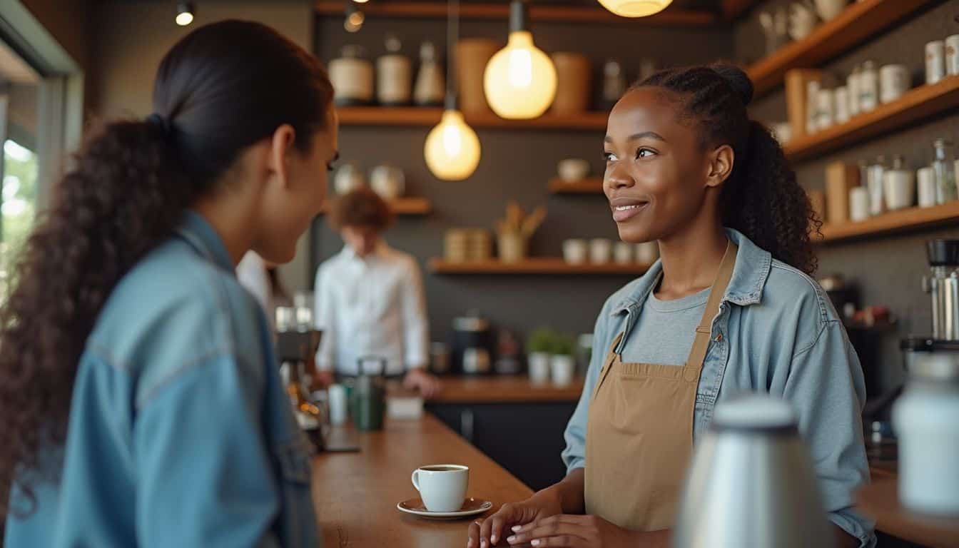 A young person engages with a barista while ordering coffee in a bustling coffee shop.