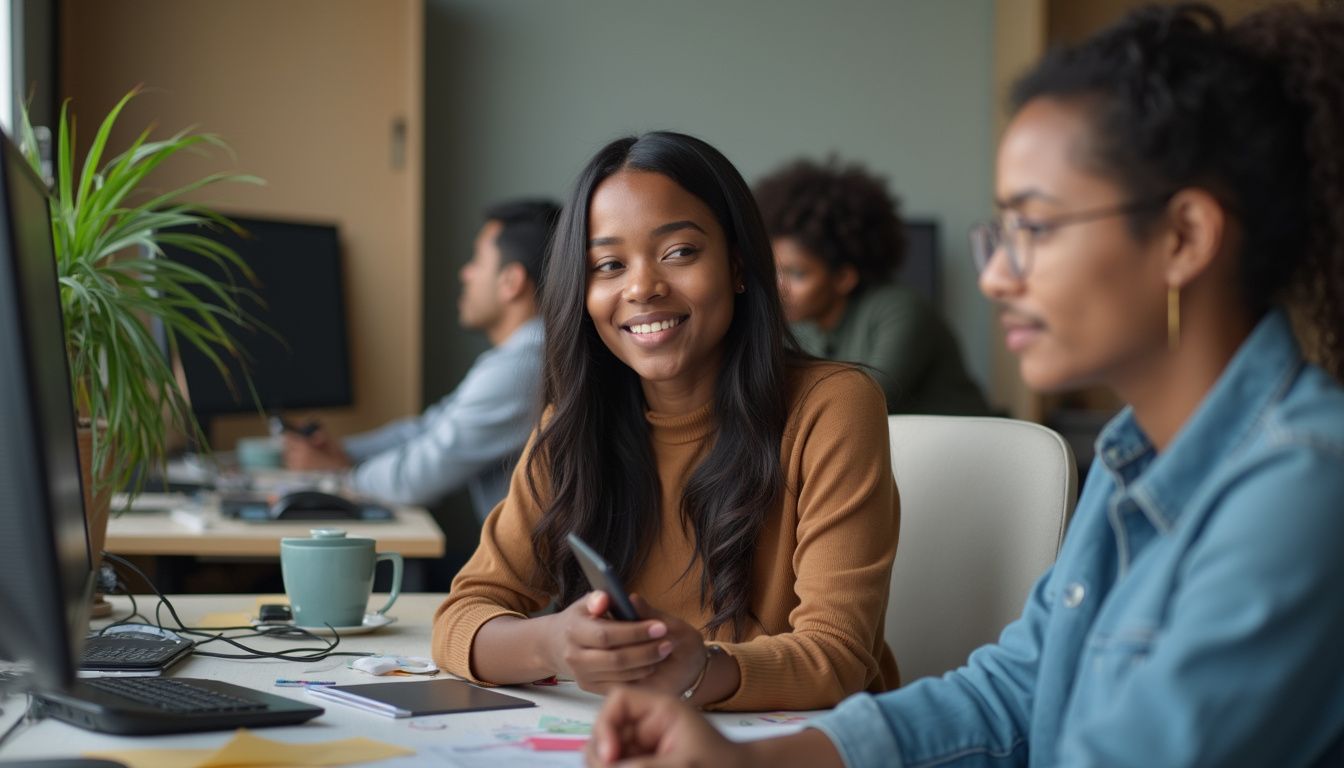 A young woman participates in an online VR assertiveness workshop amid casual coworkers in an office setting.