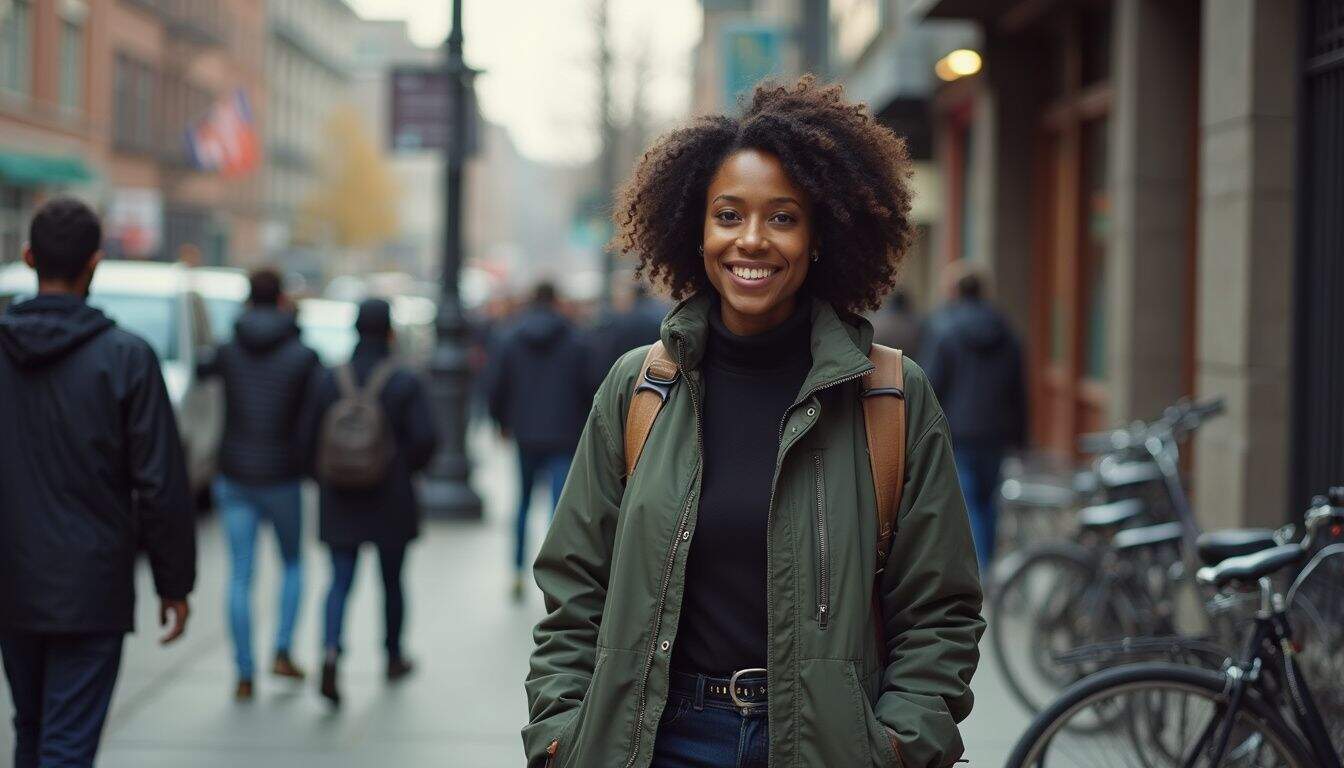 A woman stands casually on a busy city sidewalk, surrounded by passersby and everyday urban details.
