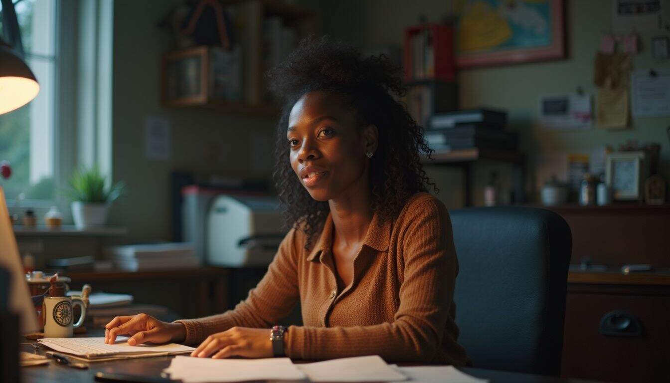 A woman engages in a work call at her cluttered desk, expressing her feelings during the conversation.