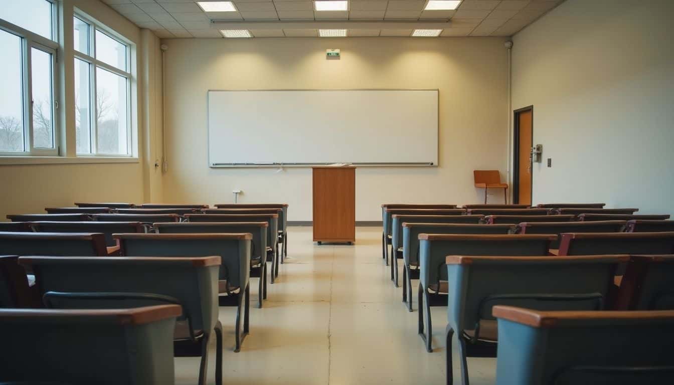 A mostly empty lecture hall features a simple podium, conveying a calm but uncertain atmosphere.