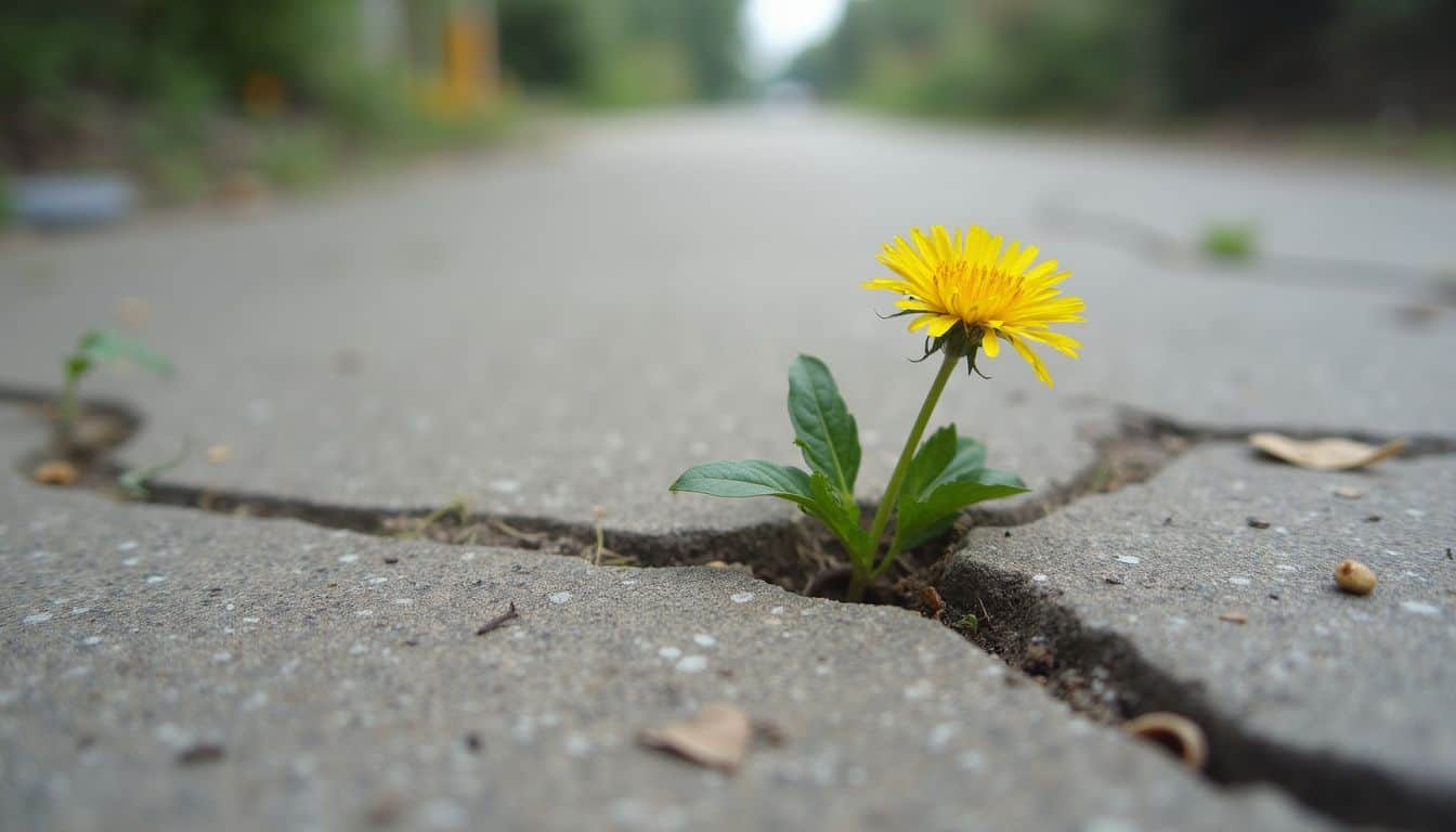A dandelion grows resiliently through cracks in a worn concrete sidewalk, symbolizing perseverance in harsh conditions.