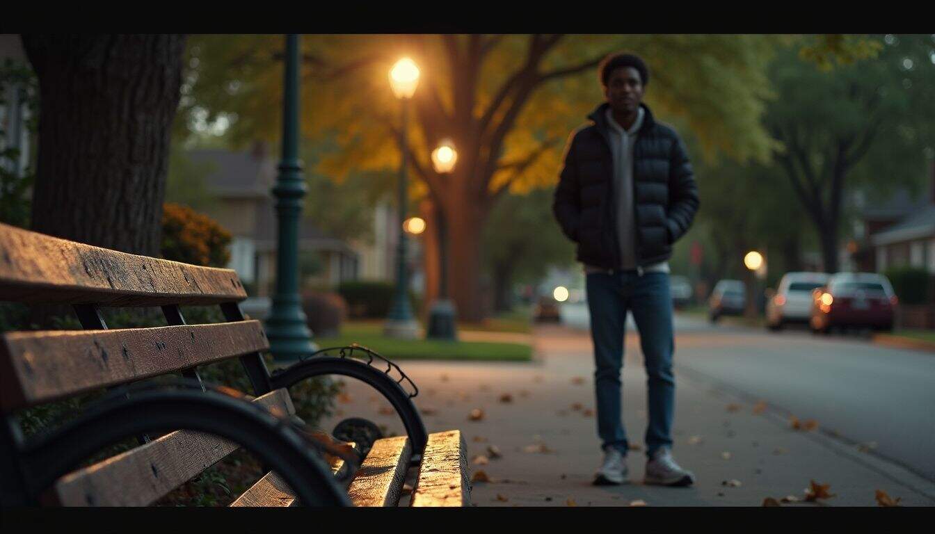 A casual snapshot of a worn park bench on a suburban street with a nearby person standing nonchalantly.