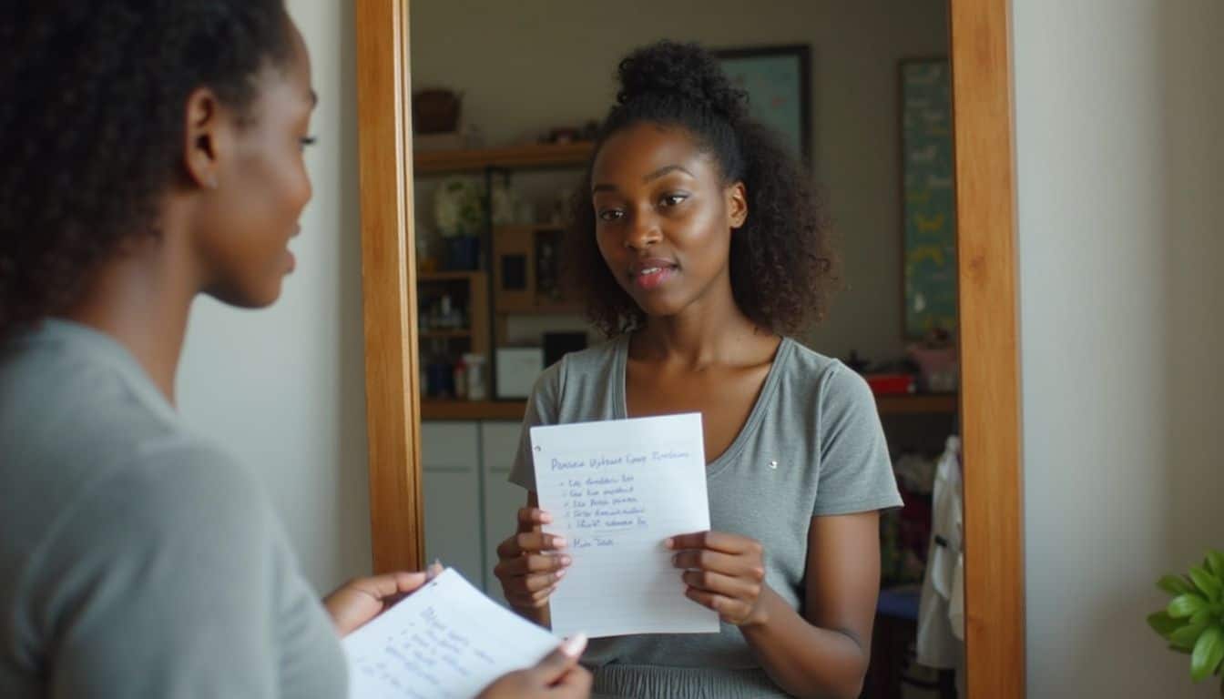 A young woman reviews handwritten notes in front of a mirror in her relaxed, lived-in home.
