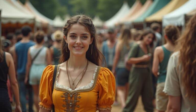 Girl smiling at outdoor festival with tents in background, showcasing vibrant market or fair scene, perfect for travel and event photography, emphasizing cultural experiences and community gathering.