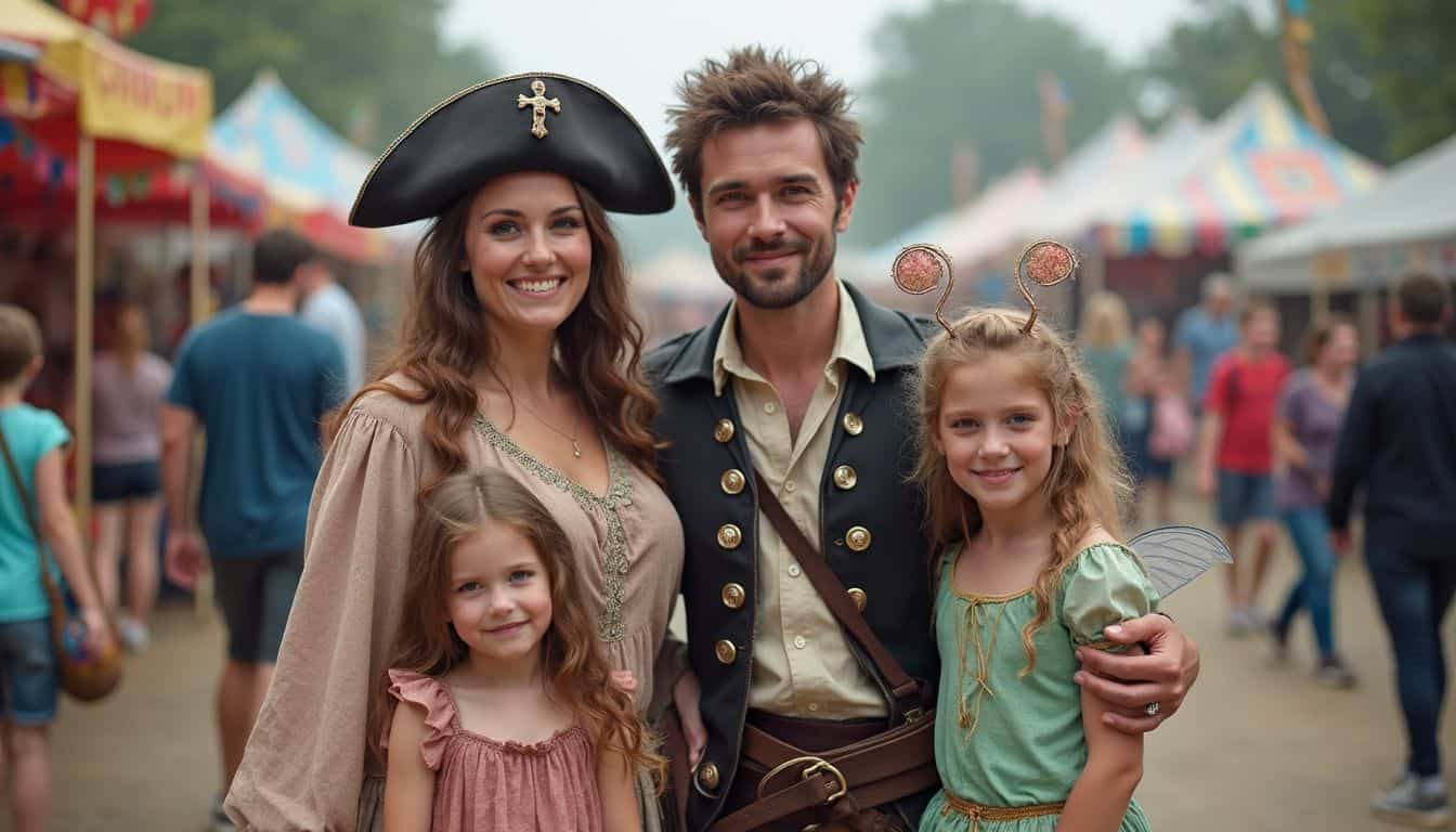 Pirate family costumes at a lively outdoor festival with colorful tents in the background, perfect for family-friendly events, themed parties, or costume celebrations.