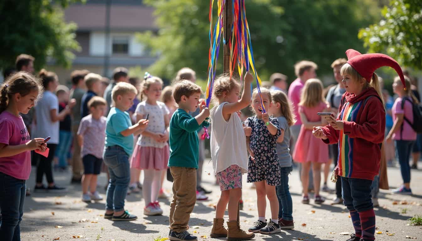 Colorful children celebrating at an outdoor festival with balloons and team activities on a sunny day.