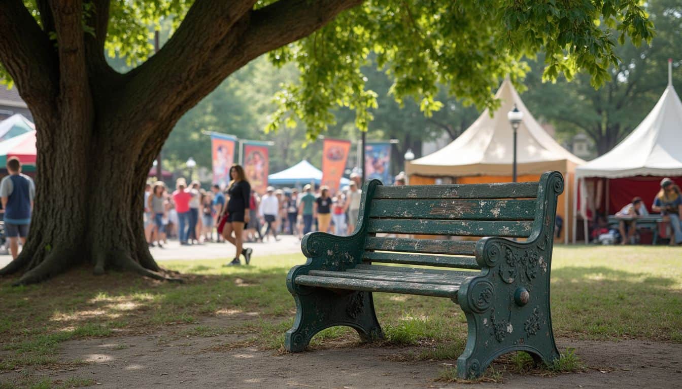 Old peeling green park bench under large tree with outdoor festival tents and crowd in the background.