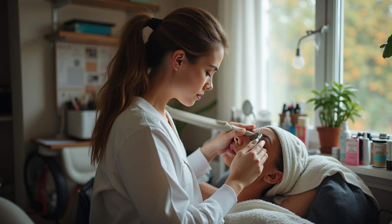 A woman in her mid-20s provides facial treatments and laser hair removal in a cozy, home salon.