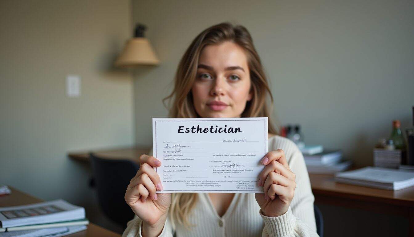 A young woman holds her esthetician license in a casual study room filled with textbooks and beauty supplies.