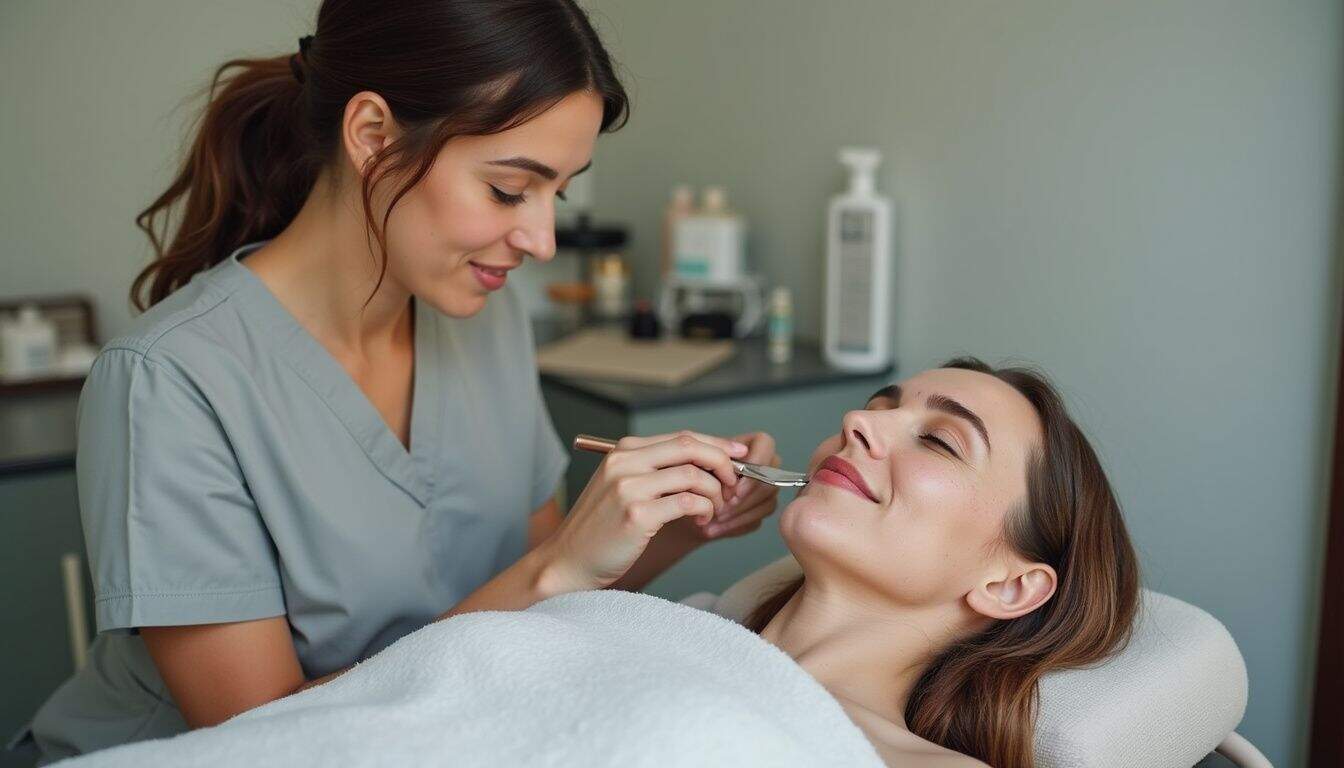 A woman applies a chemical peel on a client in a casual spa setting during a typical workday.