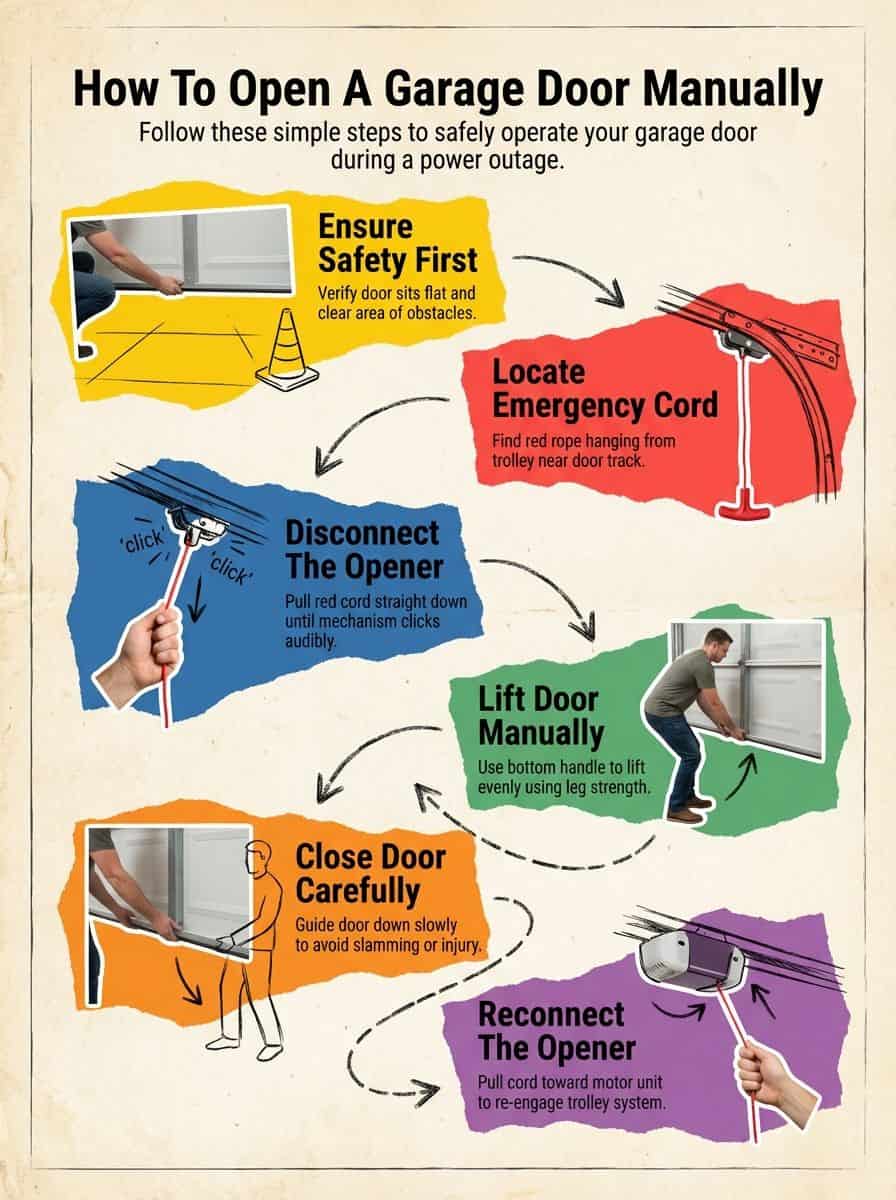 How To Open A Garage Door Manually: 5 Easy Steps Ensure Safety First, Locate Emergency Cord, Disconnect The Opener, Lift Door Manually, Close Door Carefully, Reconnect The Opener.