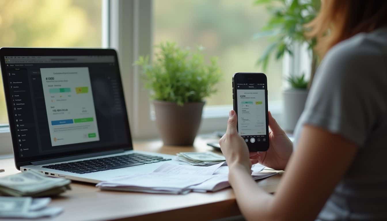 A casual home office desk features a laptop displaying a high FICO score alongside scattered bills. A casual home office desk features a laptop displaying a high FICO score alongside scattered bills.