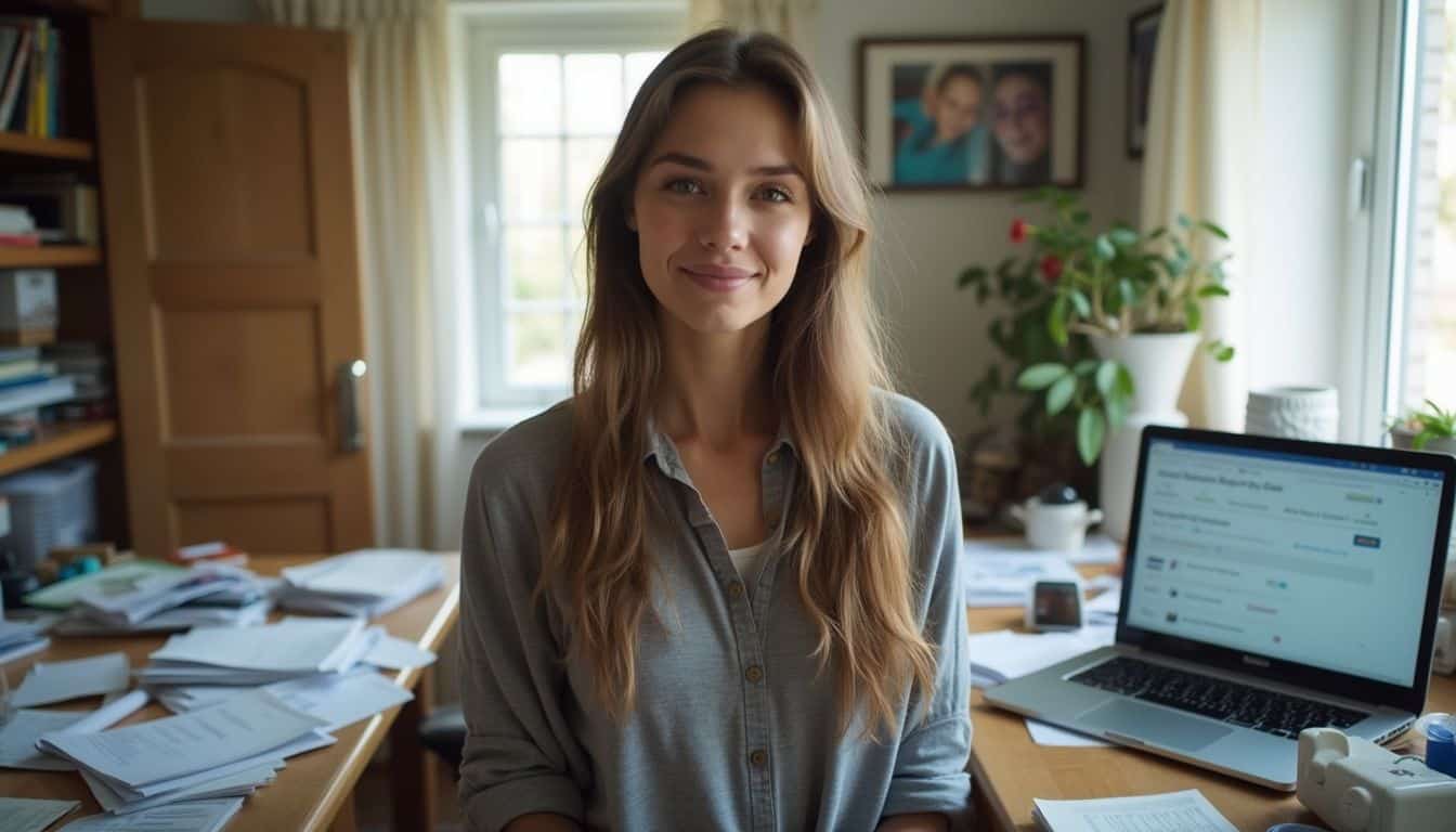 A young woman stands between two desks, managing finances amidst everyday clutter and a credit tracking website. A young woman stands between two desks, managing finances amidst everyday clutter and a credit tracking website.