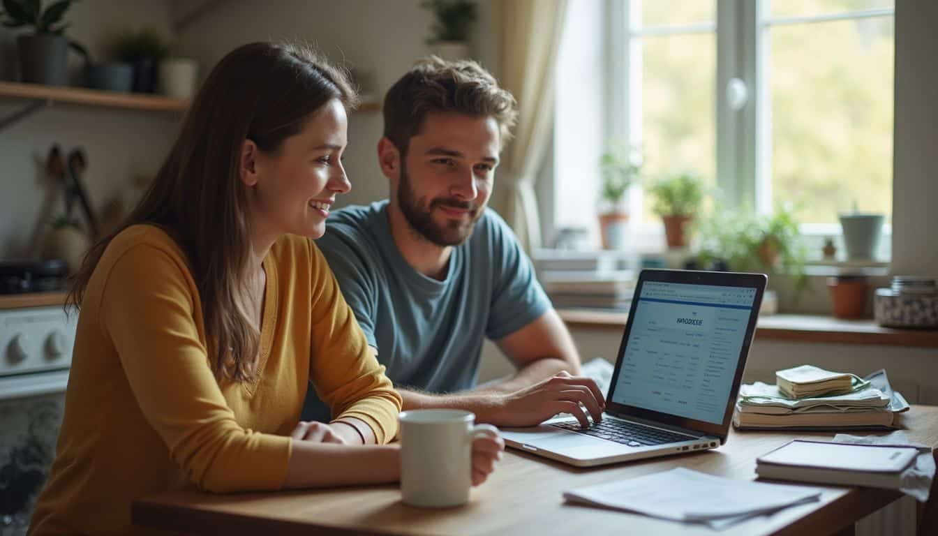 A casual couple reviews a credit tracking website together at their cluttered kitchen table. A casual couple reviews a credit tracking website together at their cluttered kitchen table.