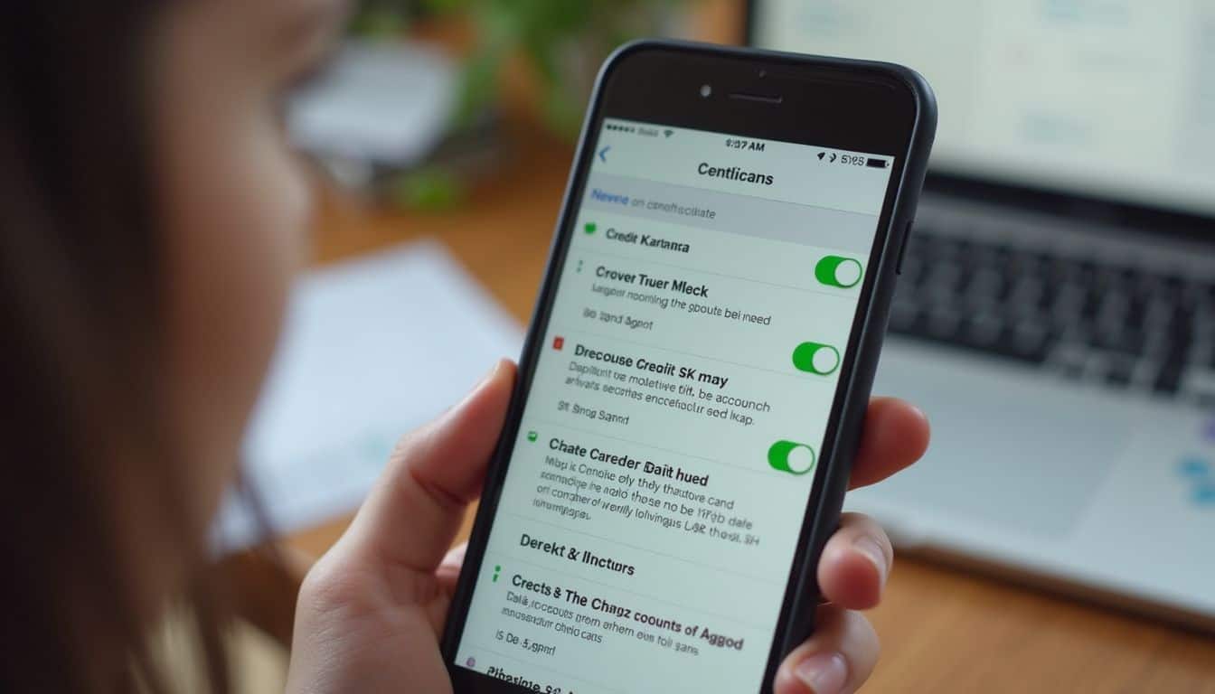 A smartphone displays credit monitoring alerts amidst a casual home office setting with a relaxed person partially visible. A smartphone displays credit monitoring alerts amidst a casual home office setting with a relaxed person partially visible.