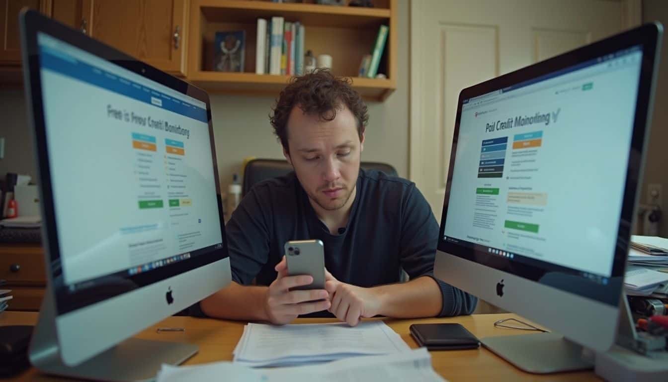 A person sits casually at a cluttered desk, comparing information on two computer screens about credit monitoring services. A person sits casually at a cluttered desk, comparing information on two computer screens about credit monitoring services.