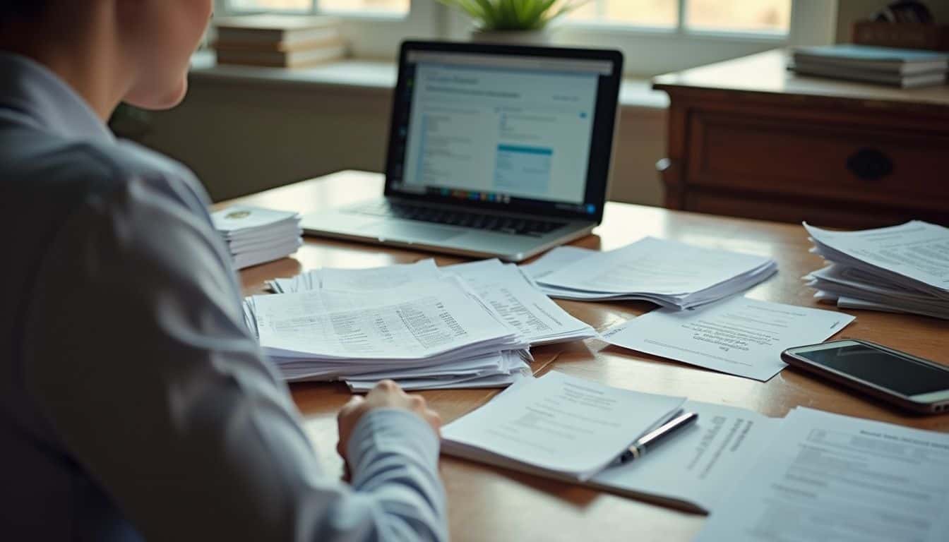 A person sits at a cluttered desk surrounded by credit statements, a laptop, and credit freeze request forms. A person sits at a cluttered desk surrounded by credit statements, a laptop, and credit freeze request forms.