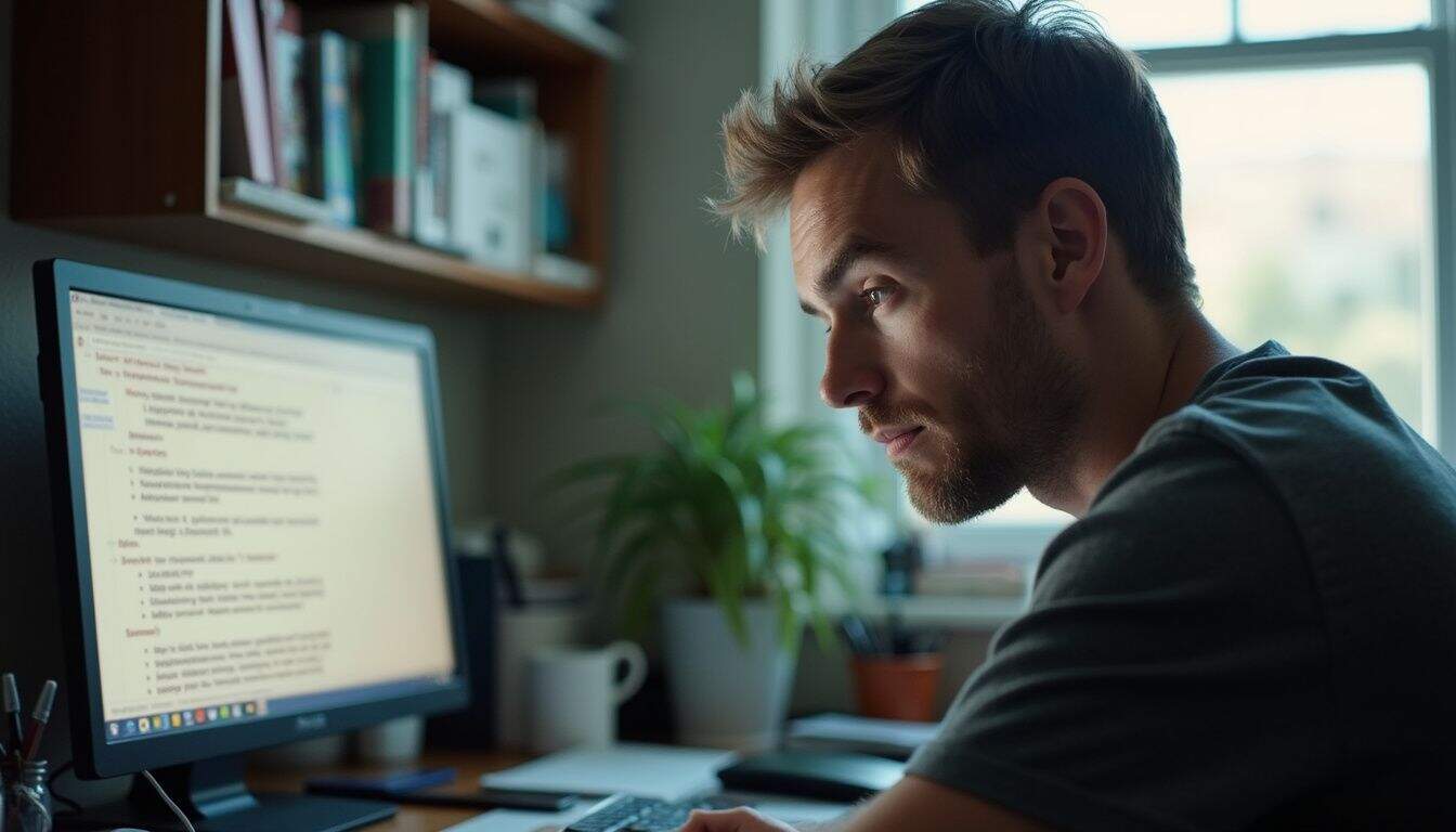 A man in his 30s sits at a cluttered desk, reviewing an email about suspicious credit report activity. A man in his 30s sits at a cluttered desk, reviewing an email about suspicious credit report activity.