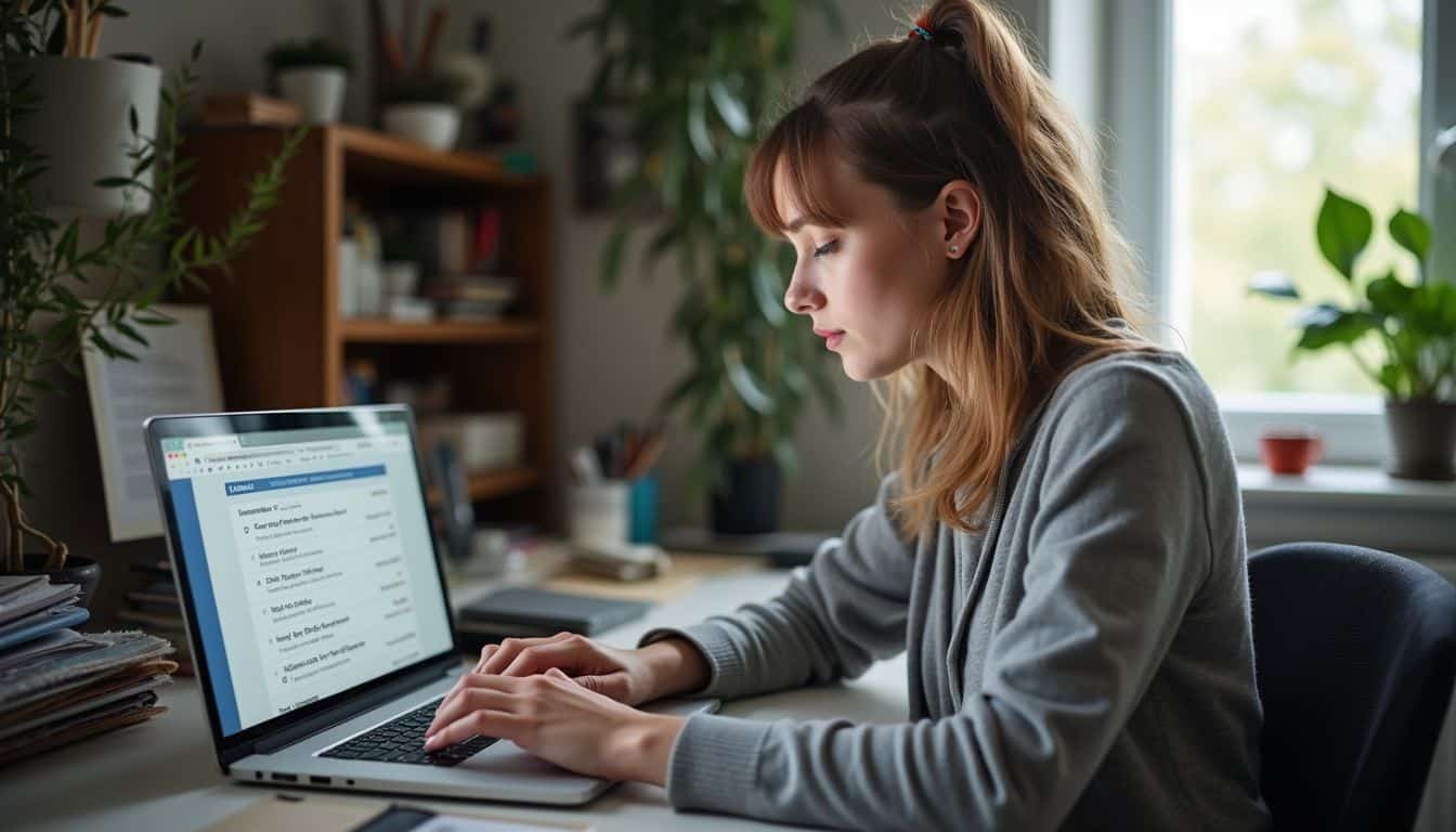 A woman in her 30s sits relaxed at a cluttered desk, engrossed in reading amidst email notifications. A woman in her 30s sits relaxed at a cluttered desk, engrossed in reading amidst email notifications.