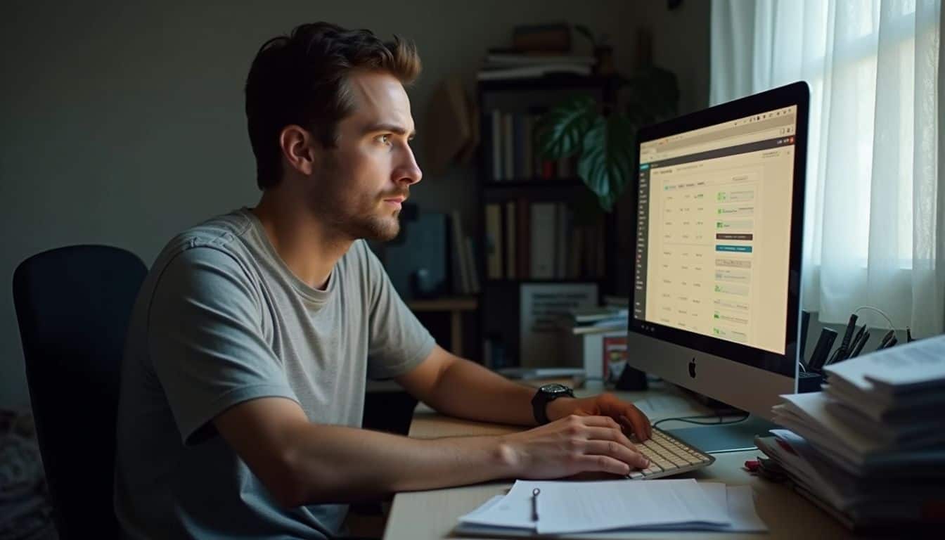 A man in his mid-30s sits at a cluttered desk, focused on credit alerts on his computer screen. A man in his mid-30s sits at a cluttered desk, focused on credit alerts on his computer screen.