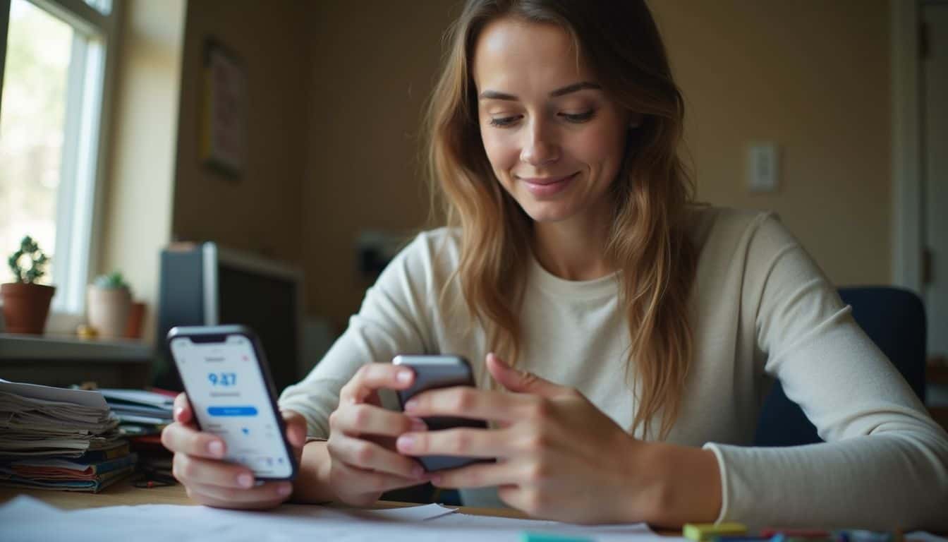 A relaxed woman checks her credit score on her phone while sitting at a cluttered, cozy desk. A relaxed woman checks her credit score on her phone while sitting at a cluttered, cozy desk.