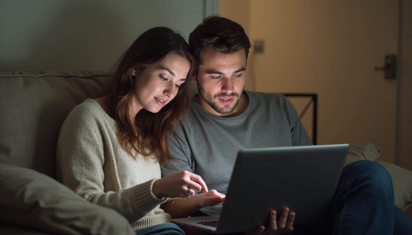 A couple in their 30s sits on a couch, casually comparing credit monitoring options on a laptop. A couple in their 30s sits on a couch, casually comparing credit monitoring options on a laptop.