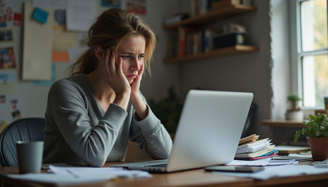A tired woman in her 30s sits at a messy desk, frustrated by a credit alert on her laptop. A tired woman in her 30s sits at a messy desk, frustrated by a credit alert on her laptop.