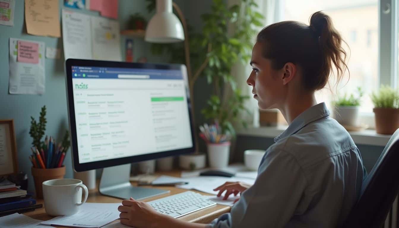 A woman in her thirties sits at a cluttered desk, tiredly glancing at her credit monitoring dashboard. A woman in her thirties sits at a cluttered desk, tiredly glancing at her credit monitoring dashboard.