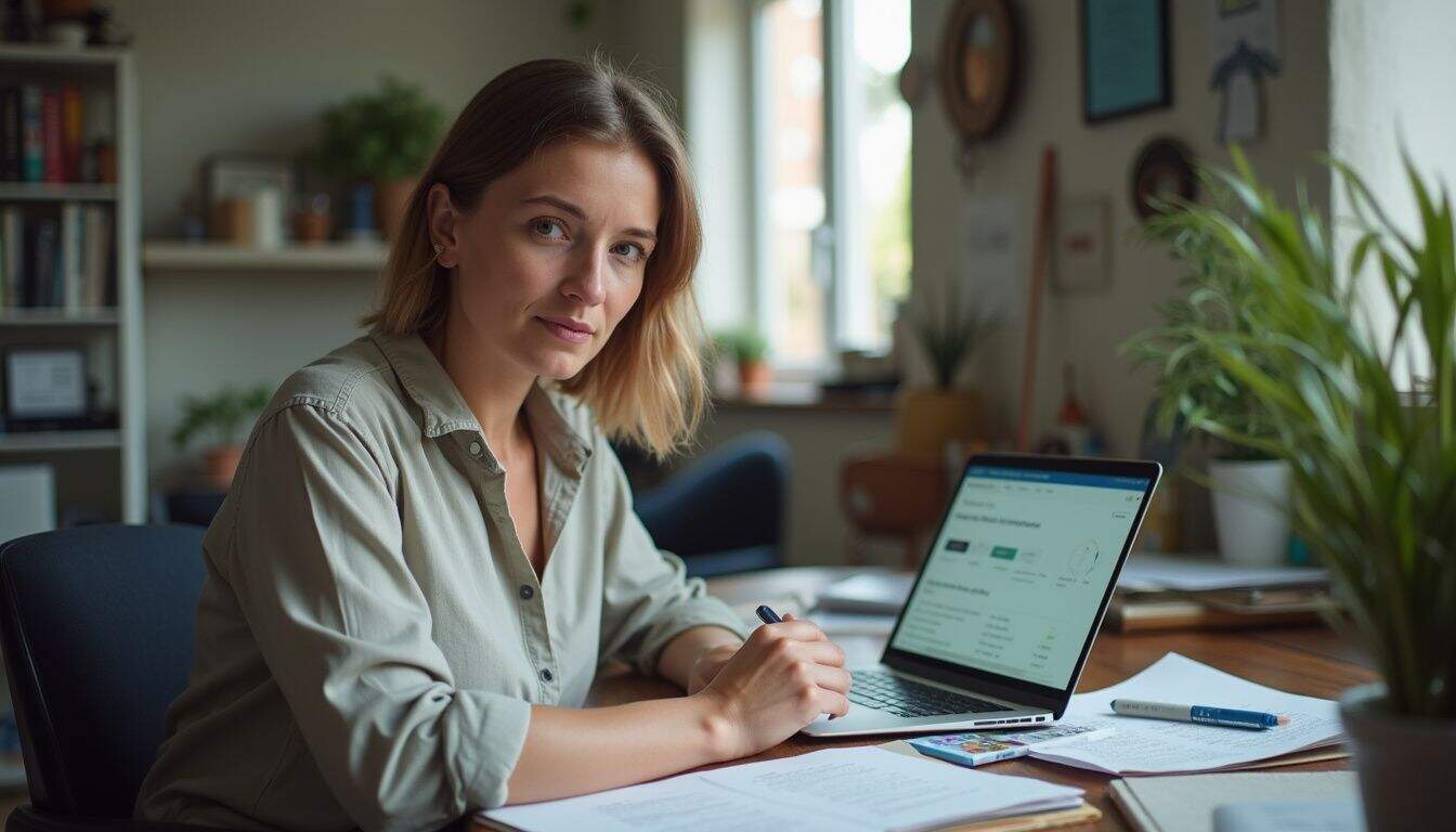 A woman in her 30s sits at a cluttered home office desk, looking relaxed but slightly tired. A woman in her 30s sits at a cluttered home office desk, looking relaxed but slightly tired.
