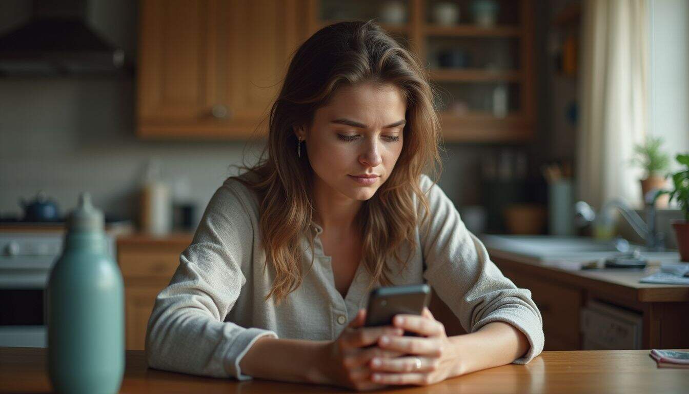 A woman in her 30s casually checks her phone at a cluttered kitchen table, reflecting a candid moment of daily life. Frustrated woman looking at smartphone at home kitchen, experiencing confusion or disappointment, overcast lighting, cozy domestic setting, modern interior design, lifestyle, everyday routine, digital age, personal moment, casual clothing, natural hair, home life, kitchen decor, indoor ambiance.