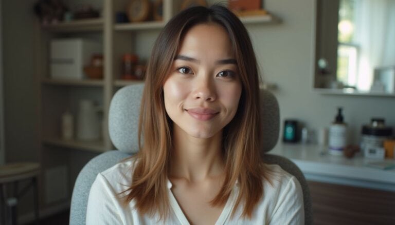 Natural smile of a young Asian woman sitting in a modern home office with shelves in the background, showcasing a relaxed and professional ambiance.