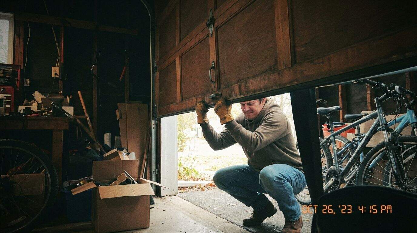 A homeowner lifting a garage door manually using the bottom handle with proper leg form. Reliable garage workshop with bicycles and tools for home maintenance.