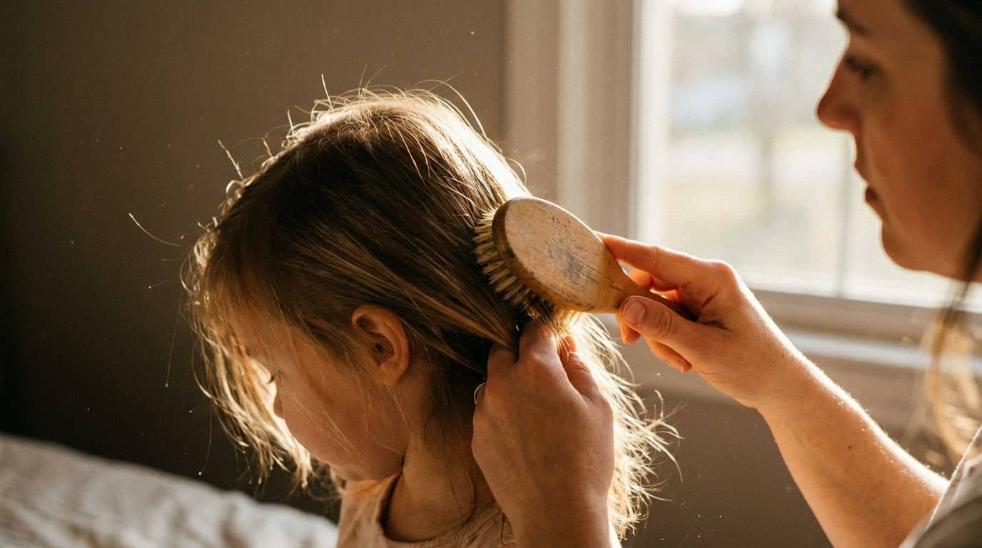 Close-up of a parent gently brushing a child's hair.
