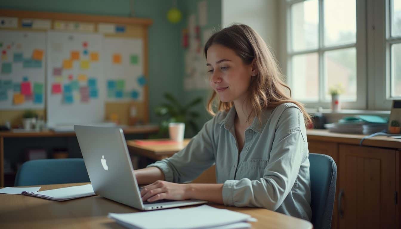 A woman in her mid-30s works on lesson plans using the AI program Mindsmith in a cluttered classroom. Laptop user working in a bright, organized office environment with natural light, indoor plants, and colorful wall posters, focusing on productivity and workspace setup.