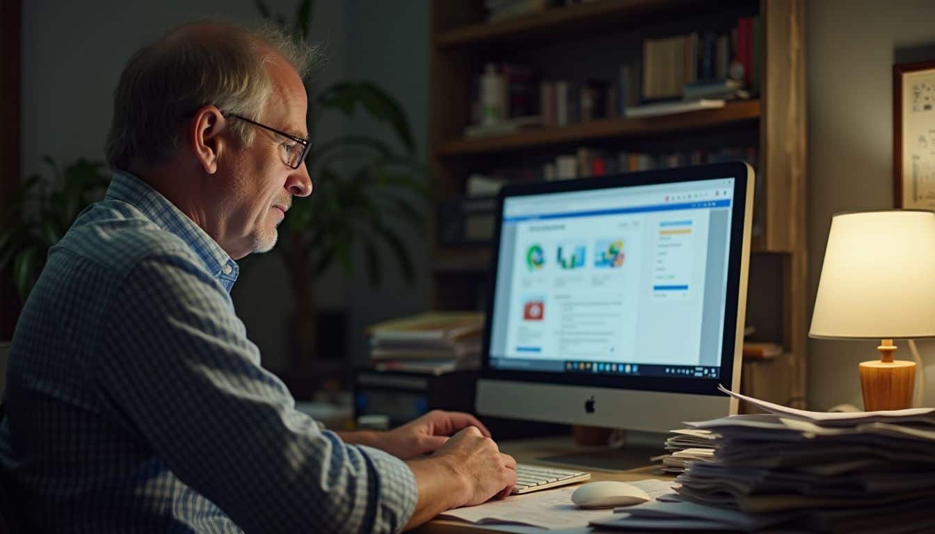 A middle-aged man sits at a cluttered desk, focused on his computer screen with work-related materials open. Tidbitsofexperience.com, person working on computer at cluttered desk, home office setup with stacks of papers and bookshelf, focused on digital content, productive workspace, lifestyle and work from home.