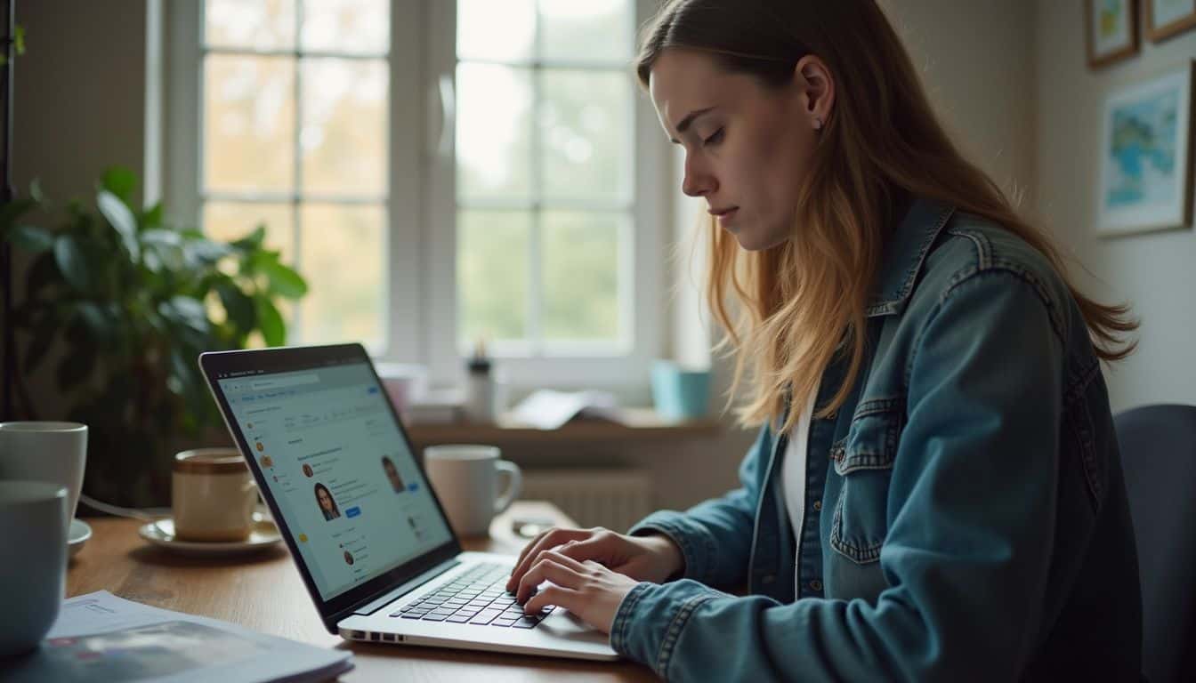 A relaxed person in their 30s works at a cluttered home office desk, engaging with a learning app on their laptop. Young woman working on a laptop in a cozy home office.