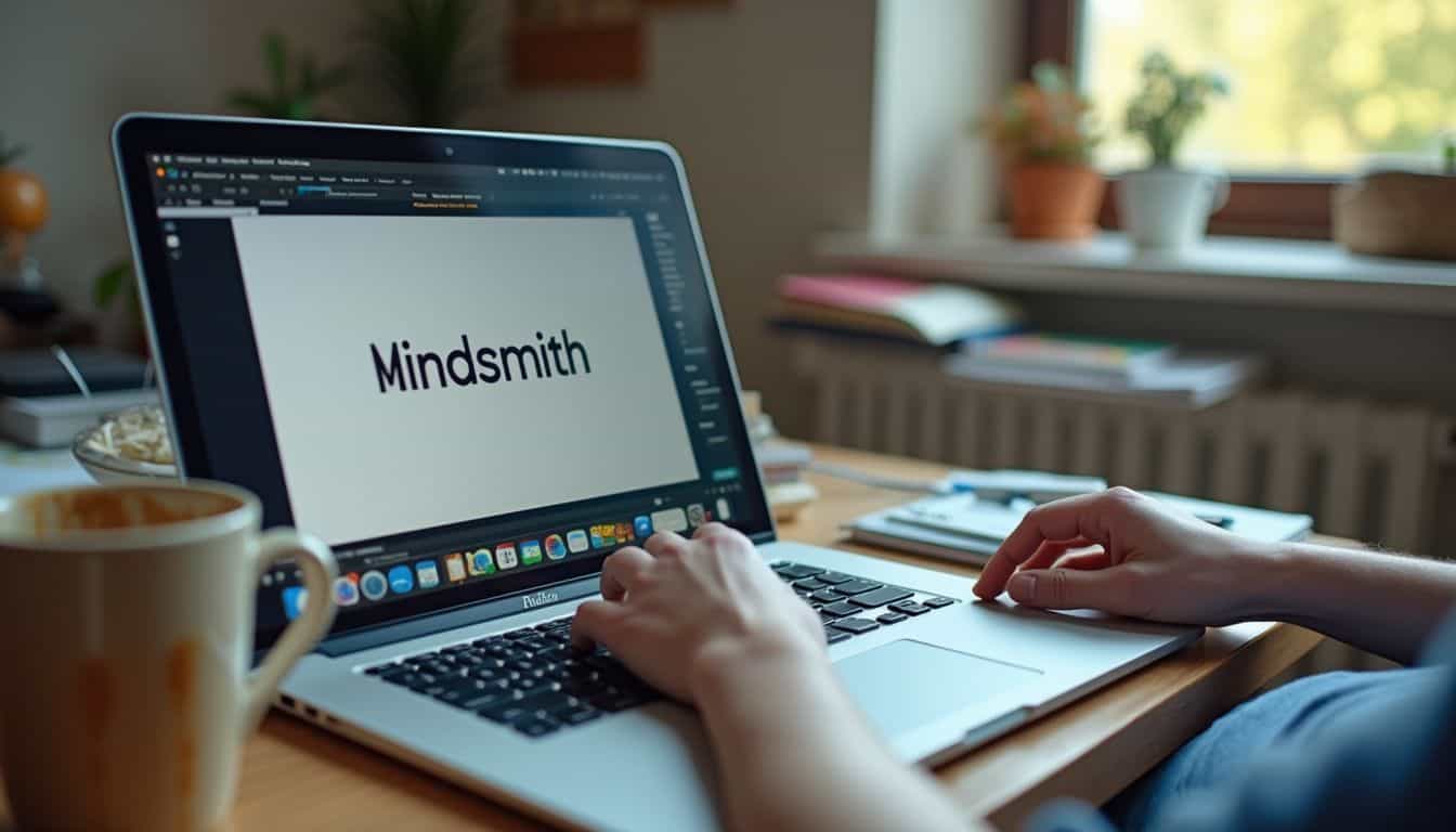 A casual home office scene featuring an open laptop on a cluttered desk and a coffee-stained mug. Mindfulness and mental wellness tips for stress reduction and creative thinking at home and work.