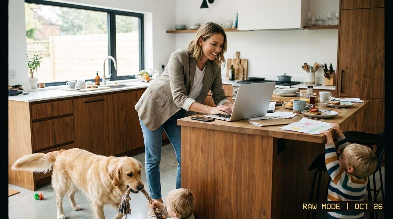 A working mom in a kitchen with two kids and a dog playing nearby.
