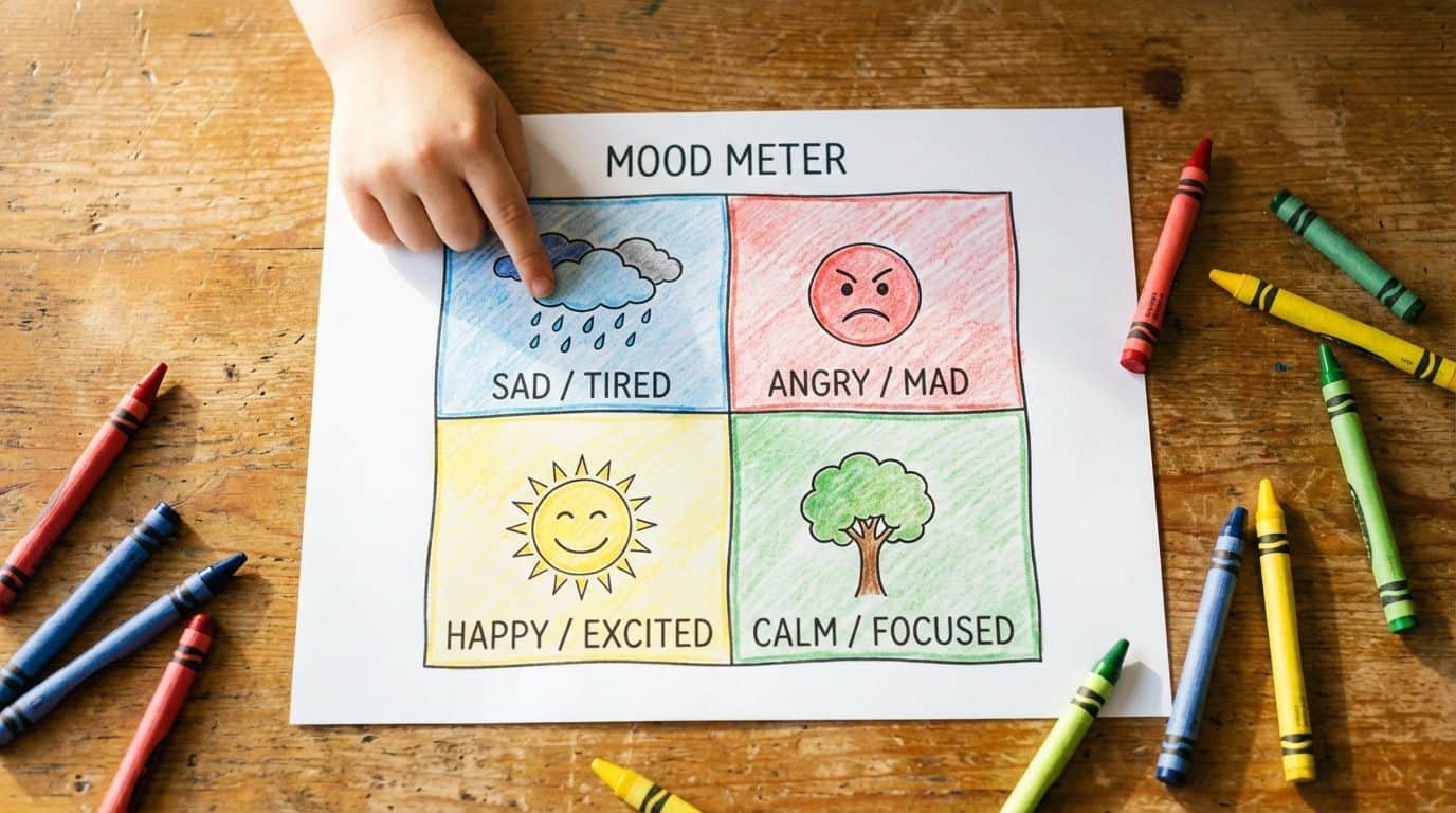 Colorful mood meter chart for children showing different emotions like sad, angry, happy, and calm, designed to promote emotional awareness and expression in kids.