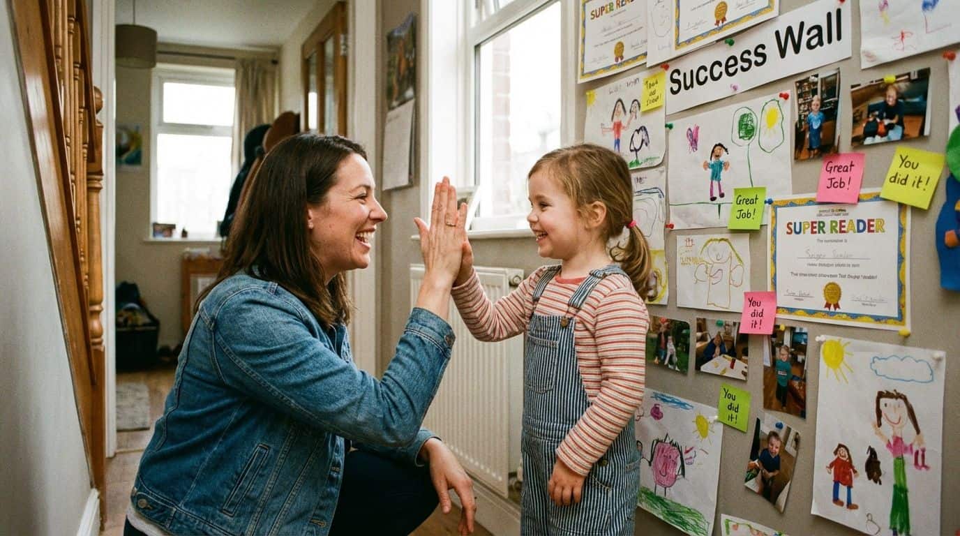 Smiling woman and young girl sharing proud moment with high-five on home classroom success wall.