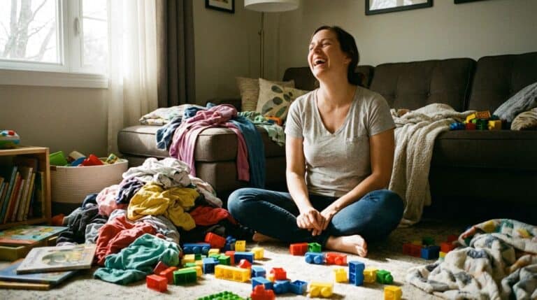 Bright living room image showing a woman sitting on the floor amid laundry and children's toys, expressing joy. The room features a sofa, window, and kid-friendly items, illustrating household chores and family life.