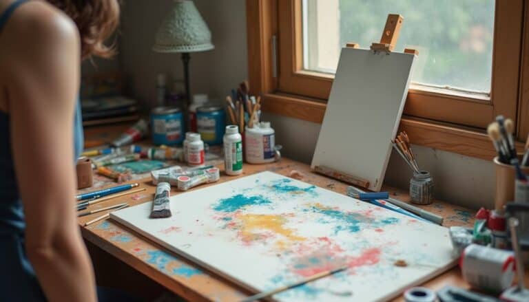 Colorful abstract watercolor painting in progress on a cluttered artist's workspace with paints, brushes, and art supplies beside a window.